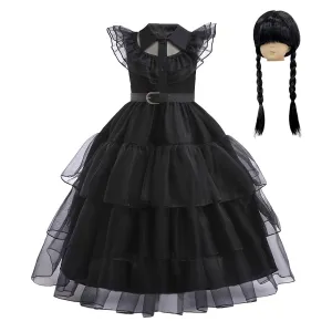 FC397 - Wednesday Black Prom Dress Halloween Birthday Party Costume with Hair Wig for Toddler & Little Girls Size 4T to 12