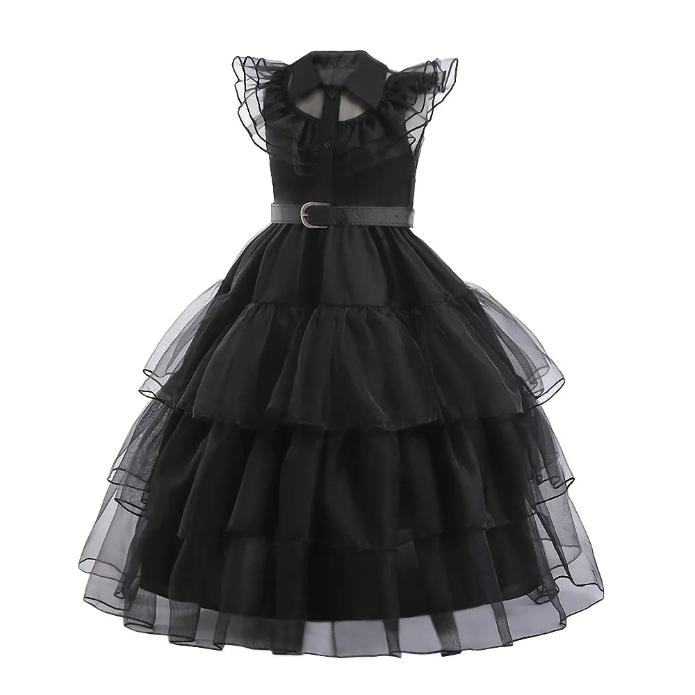 FC397 - Wednesday Black Prom Dress Halloween Birthday Party Costume with Hair Wig for Toddler & Little Girls Size 4T to 12