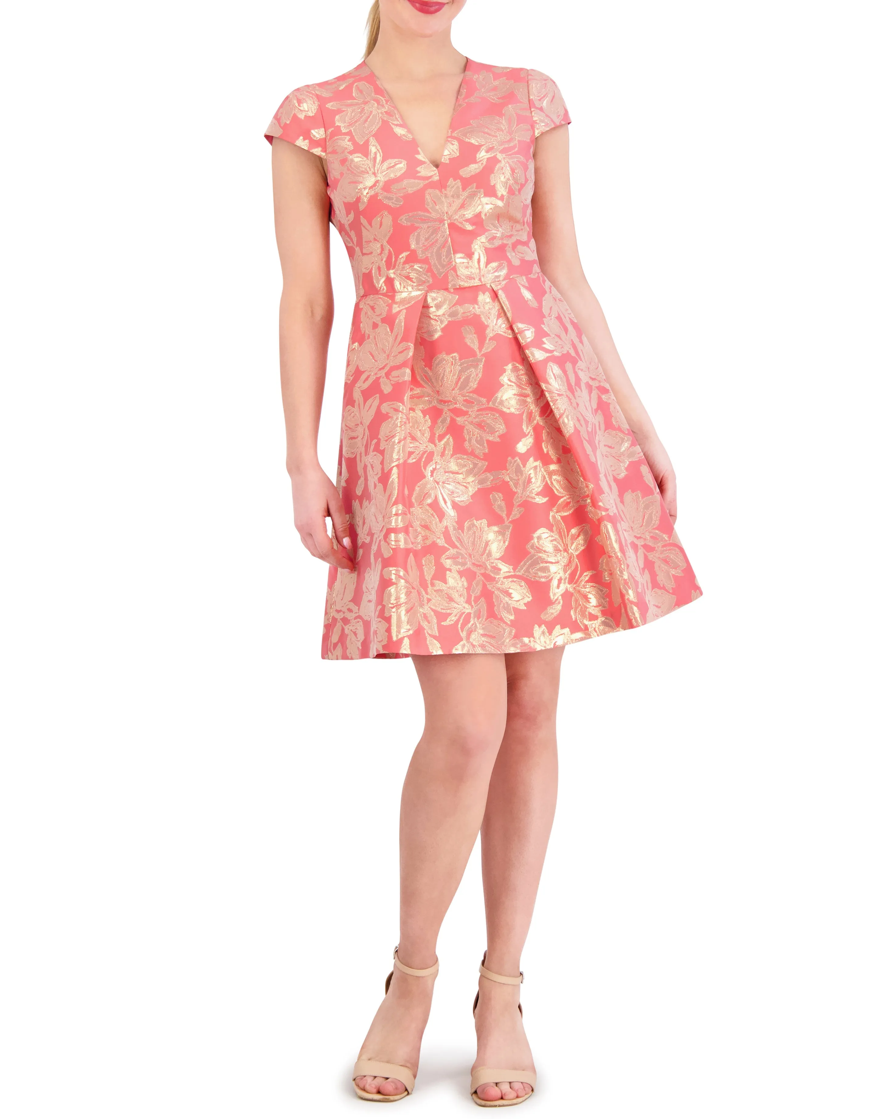 Floral Jacquard Pleated Fit-And-Flare Dress