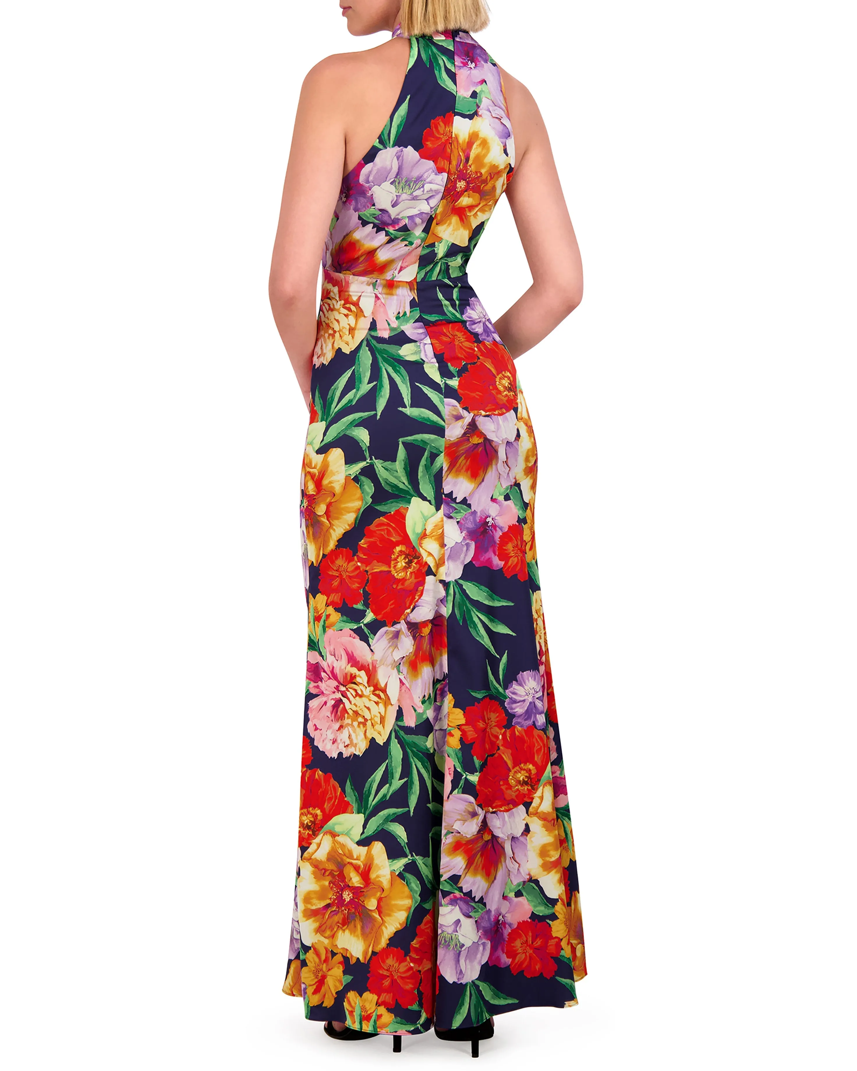 Floral-Print Twist-Top Halter Gown