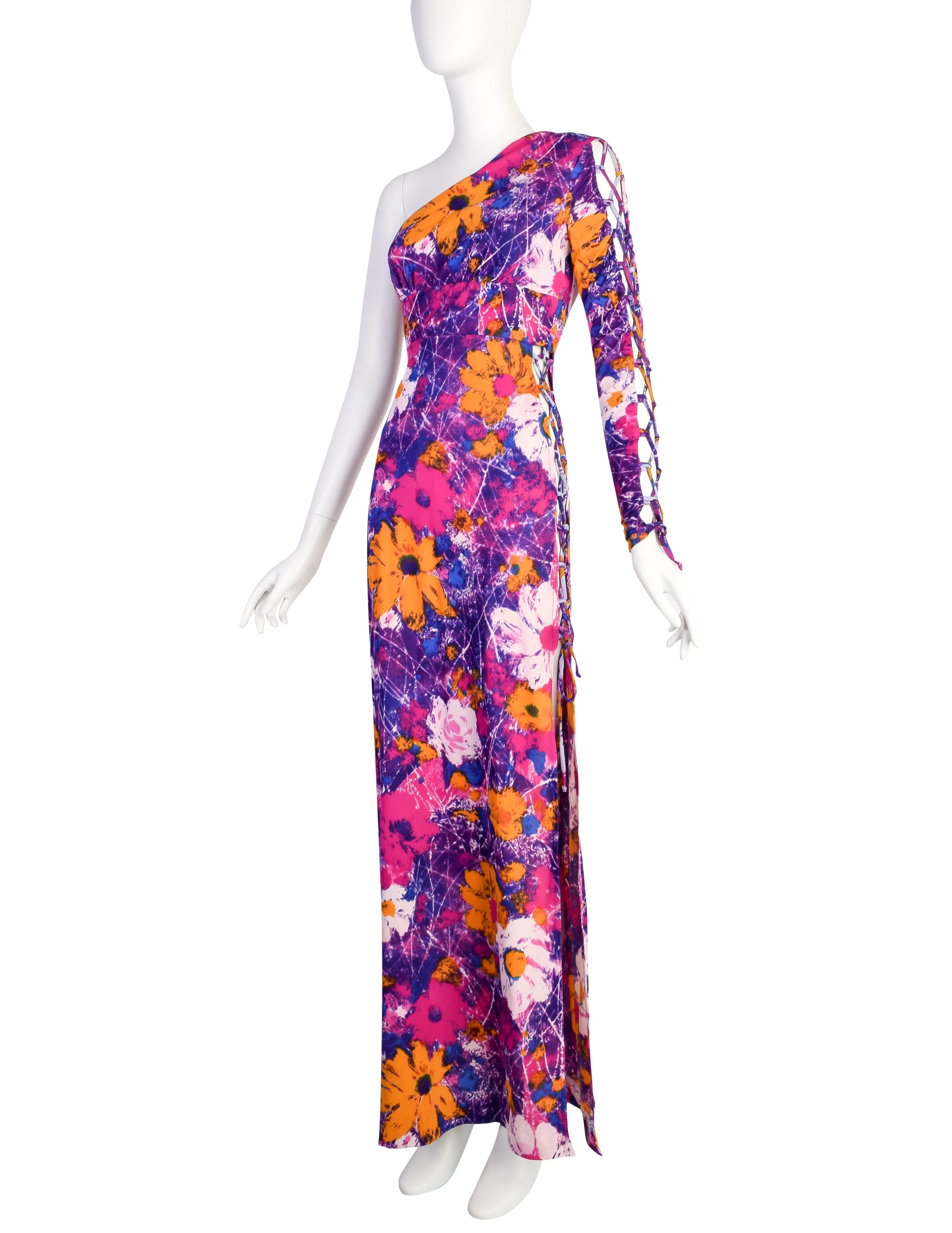 Frederick's of Hollywood Vintage 1970s Purple Floral One Shoulder Lace Up Detail Maxi Dress