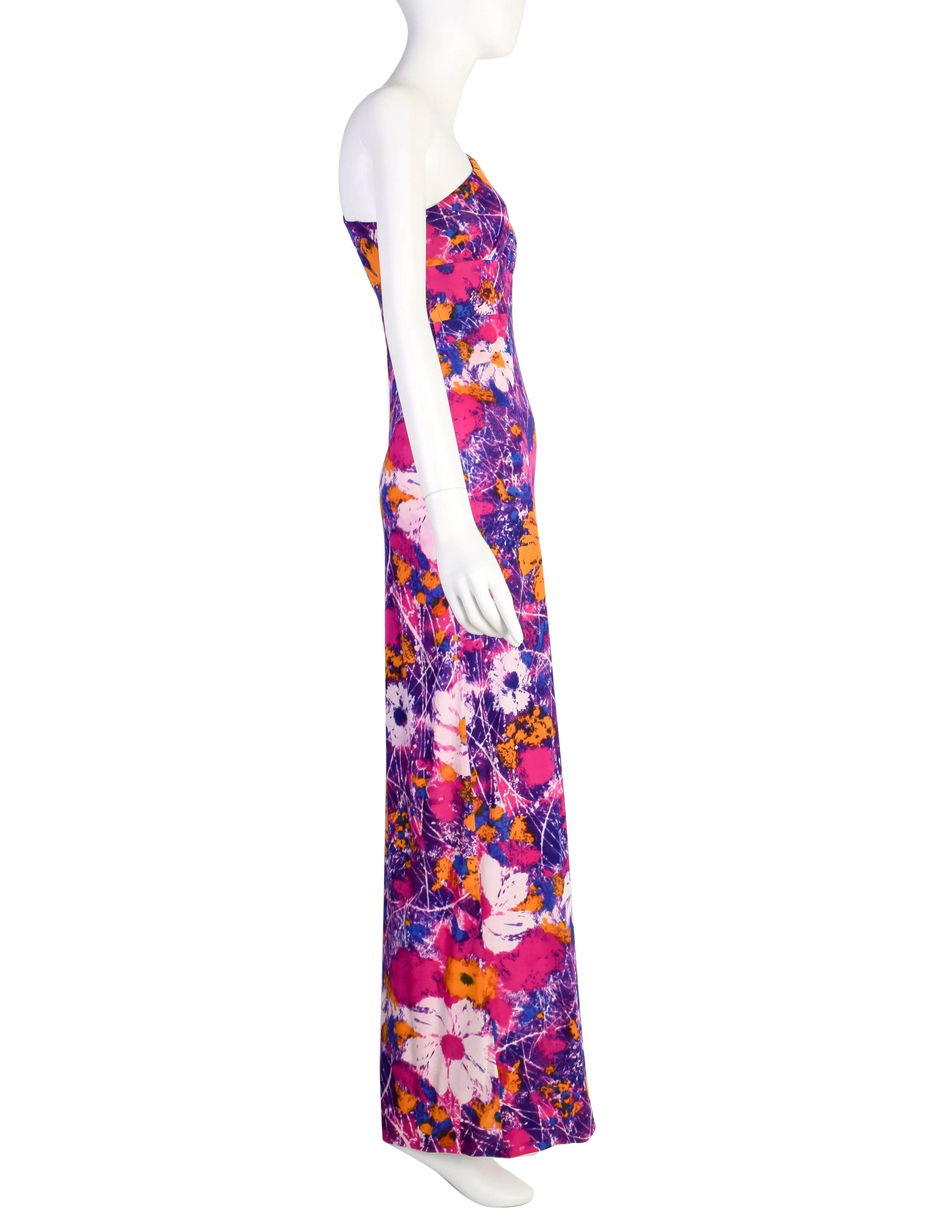 Frederick's of Hollywood Vintage 1970s Purple Floral One Shoulder Lace Up Detail Maxi Dress