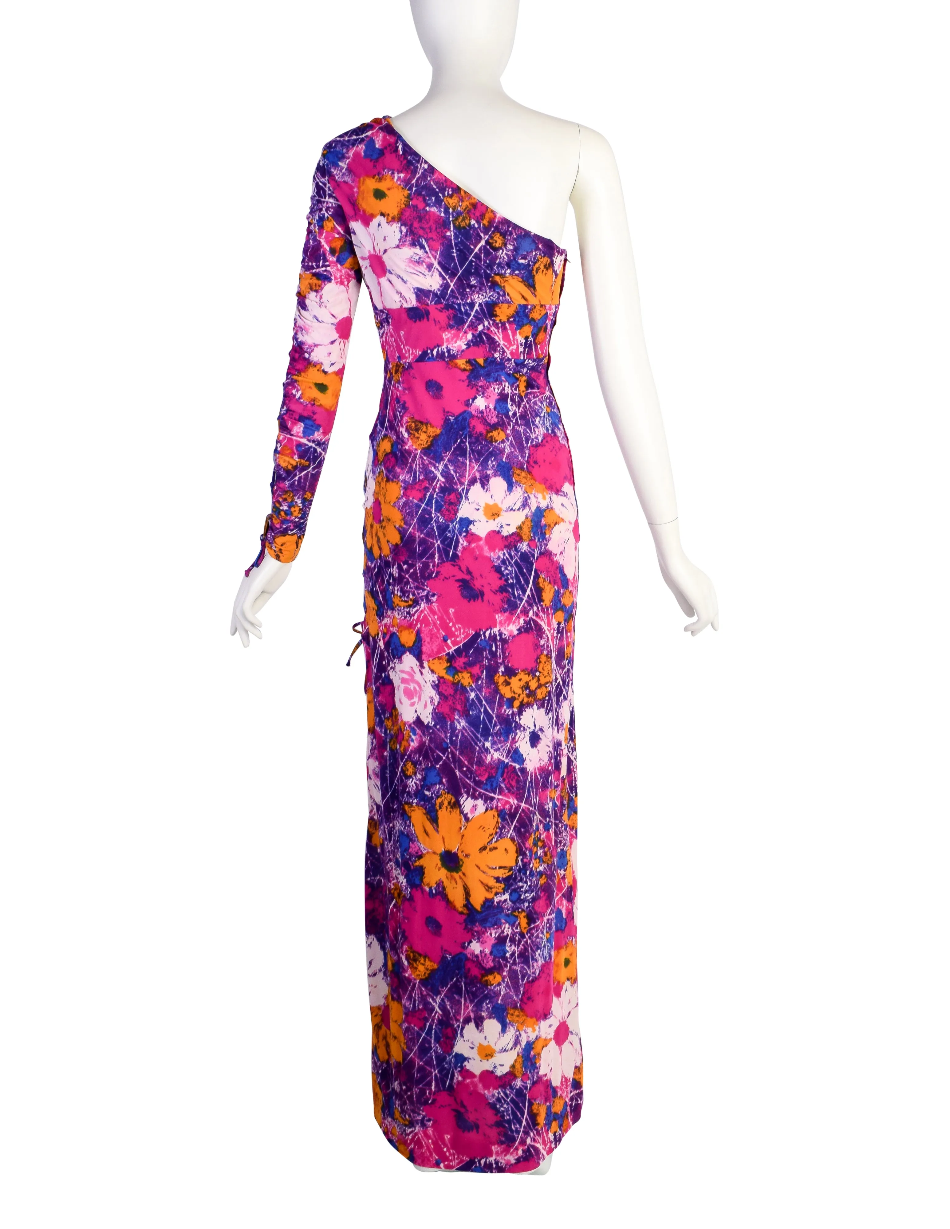 Frederick's of Hollywood Vintage 1970s Purple Floral One Shoulder Lace Up Detail Maxi Dress