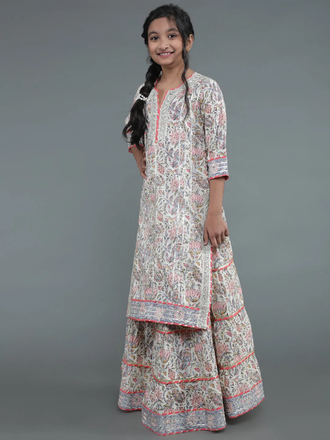 Girl's Cream Floral Print Kurta Skirt With Dupatta - Aks Girls