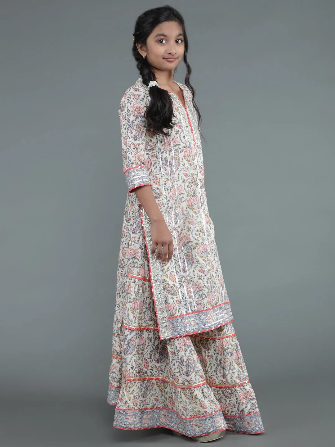 Girl's Cream Floral Print Kurta Skirt With Dupatta - Aks Girls