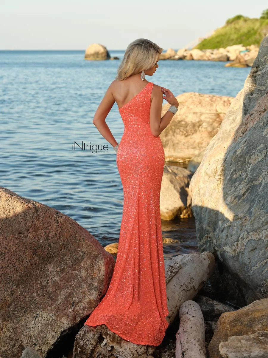 INTRIGUE by Blush Prom 918 ORANGE One Shoulder Sequin Sheath Dress with Train