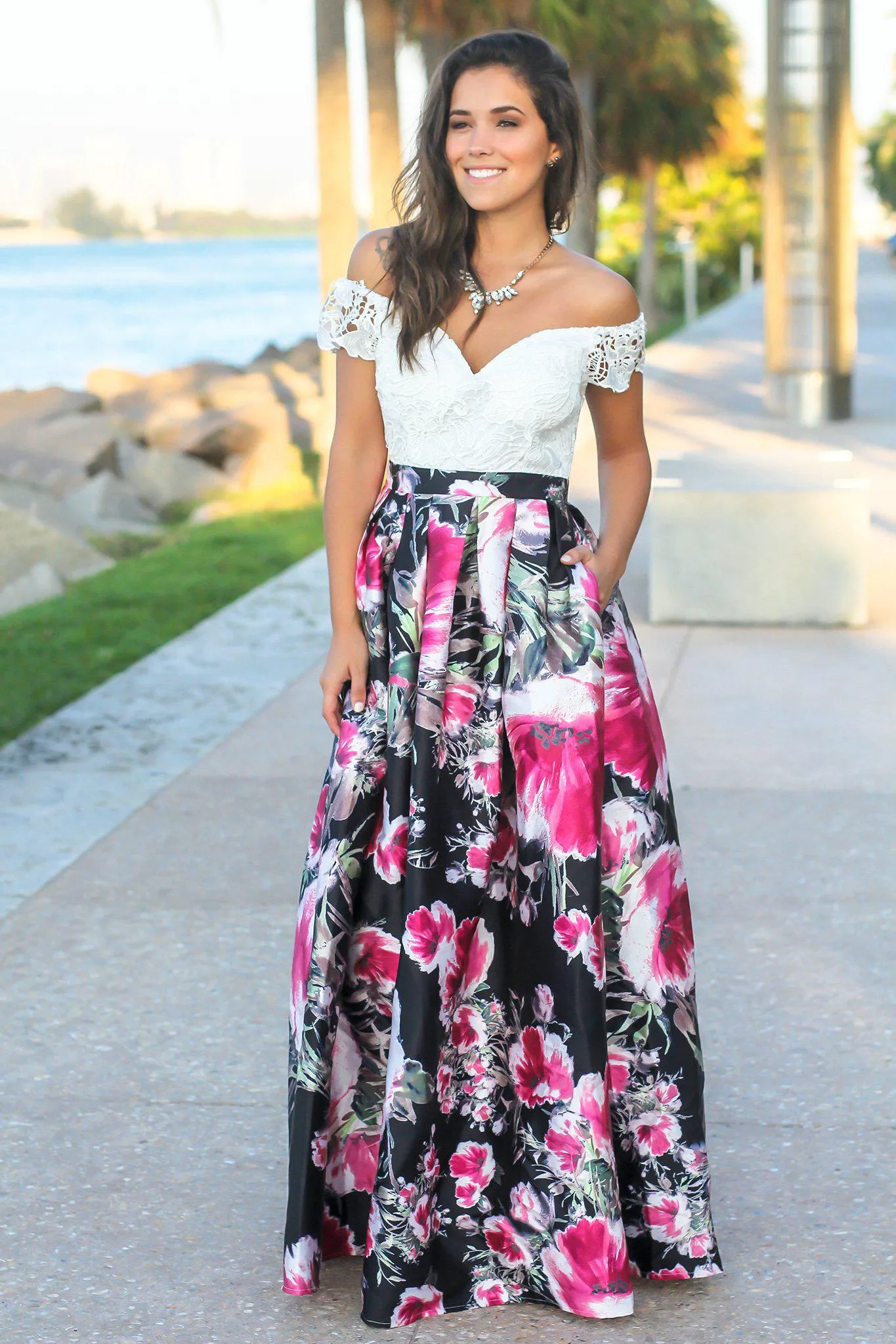 Ivory and Rose Off Shoulder Floral Maxi Dress with Crochet Top