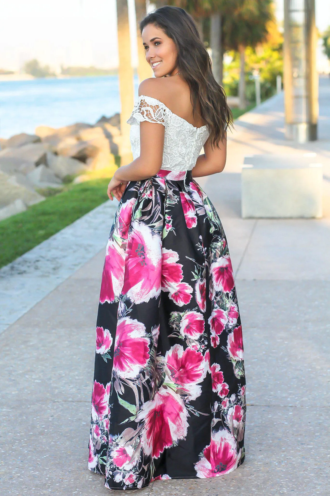 Ivory and Rose Off Shoulder Floral Maxi Dress with Crochet Top