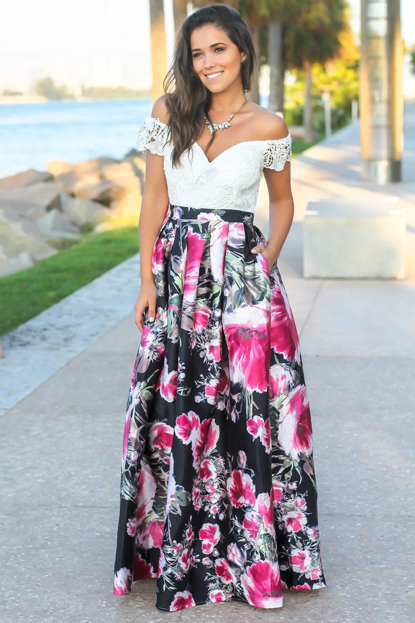 Ivory and Rose Off Shoulder Floral Maxi Dress with Crochet Top