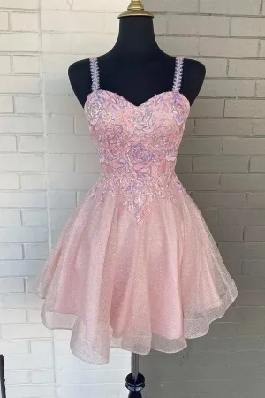 Juniors Pink Lace Top Homecoming Dress