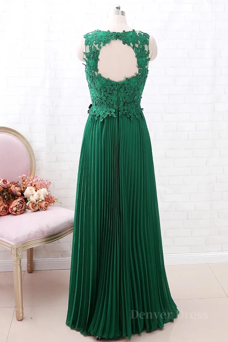 kamahe A Line Round Neck Green Lace Long Prom Dress Bridesmaid Dress, Open Back Lace Green Formal Dress, Green Lace Evening Dress