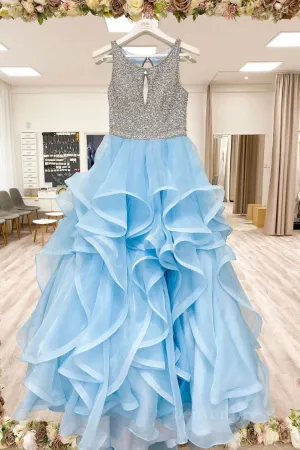 kamahe Blue round neck tulle sequin long prom dress blue tulle formal dress