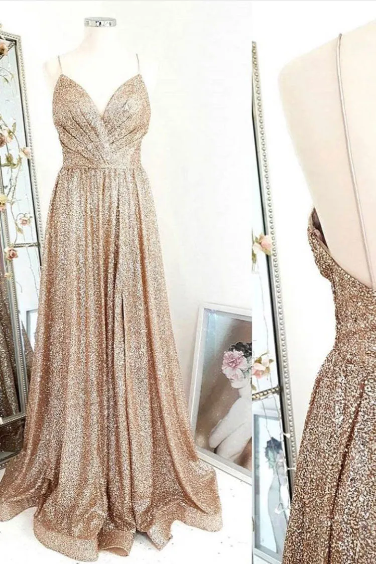 kamahe Gold sequin long prom dress gold evening dress