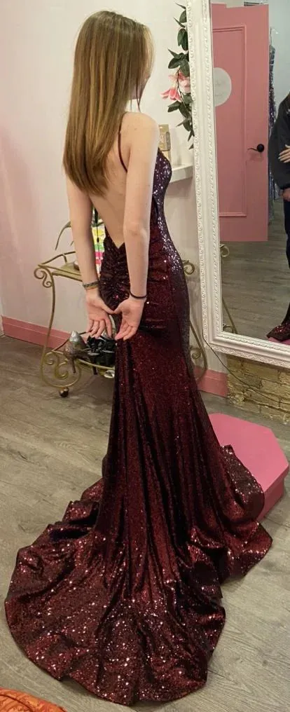 kamahe Mermaid Burgundy Sequin Floor Length Prom Dress 22th Birthday Outfit