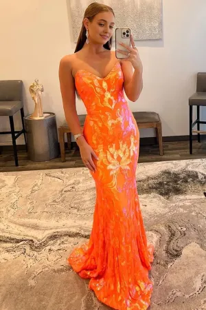 kamahe Sparkly Orange Sequin Sweetheart Lace-Up Back Long Prom Dress