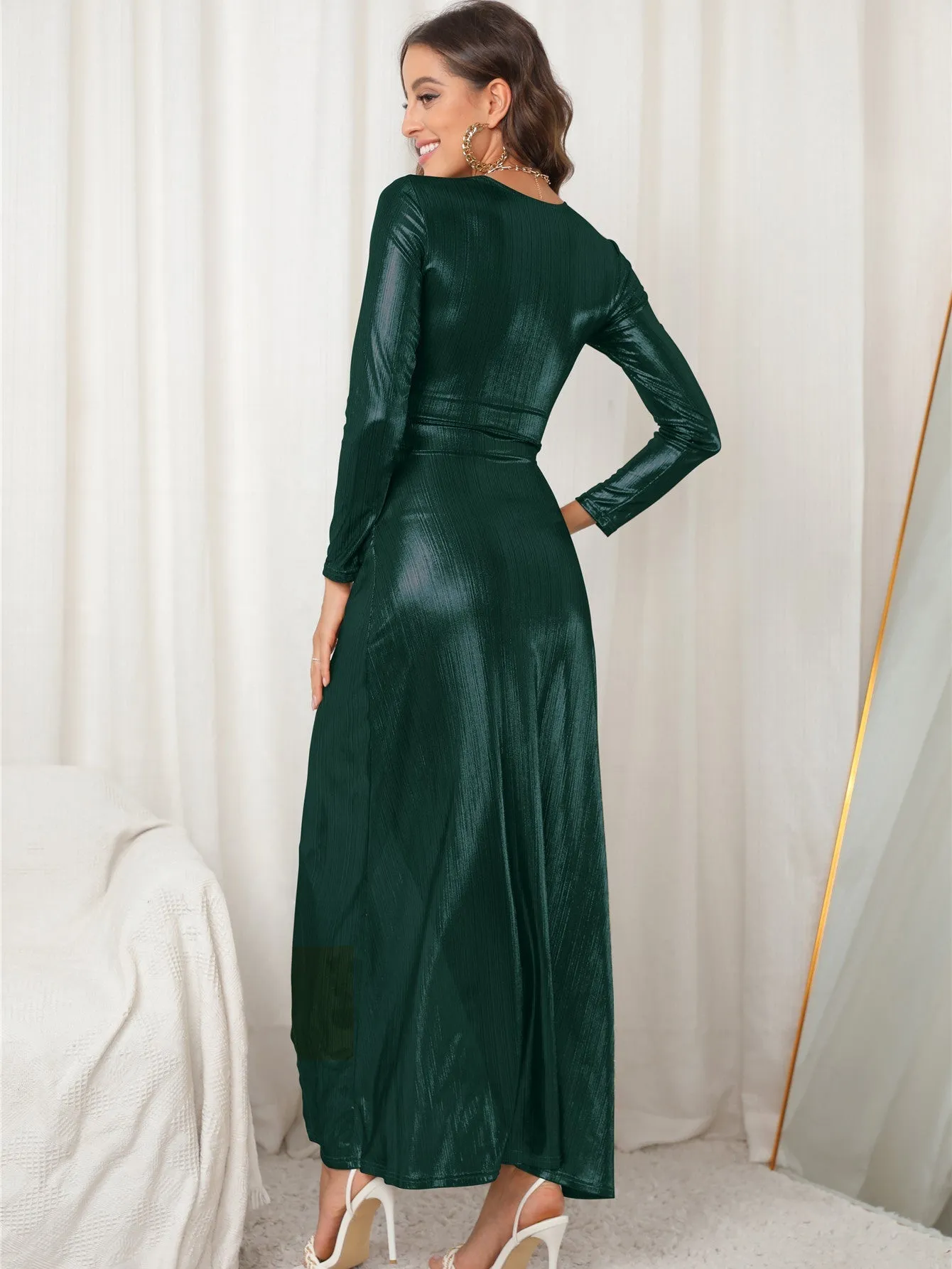 KittenAlarm - V Neck Slit Long Sleeve Maxi Dress