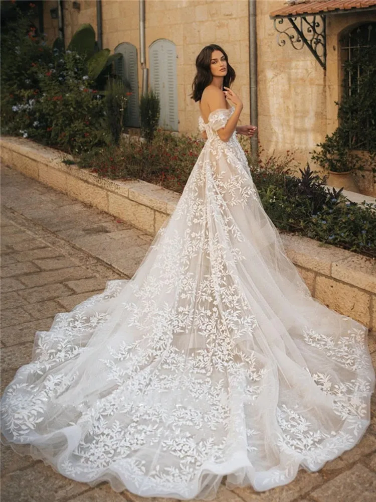 Lace Organza Sweetheart Royal Train A Line Wedding Bridal Gown