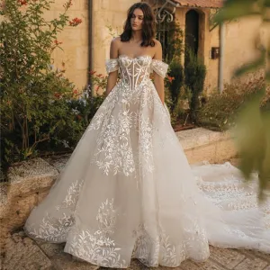 Lace Organza Sweetheart Royal Train A Line Wedding Bridal Gown