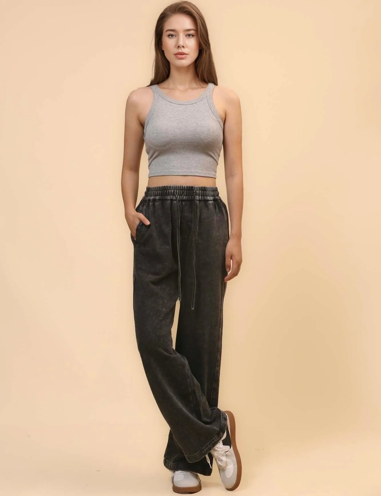 Ladies Slouchy Washed Waist Wide Leg Sweatpants SKP4699