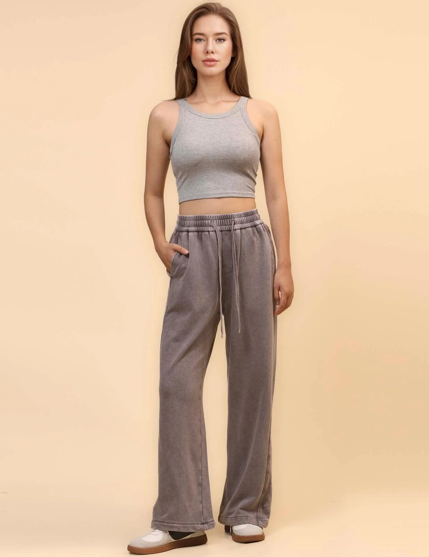 Ladies Slouchy Washed Waist Wide Leg Sweatpants SKP4699