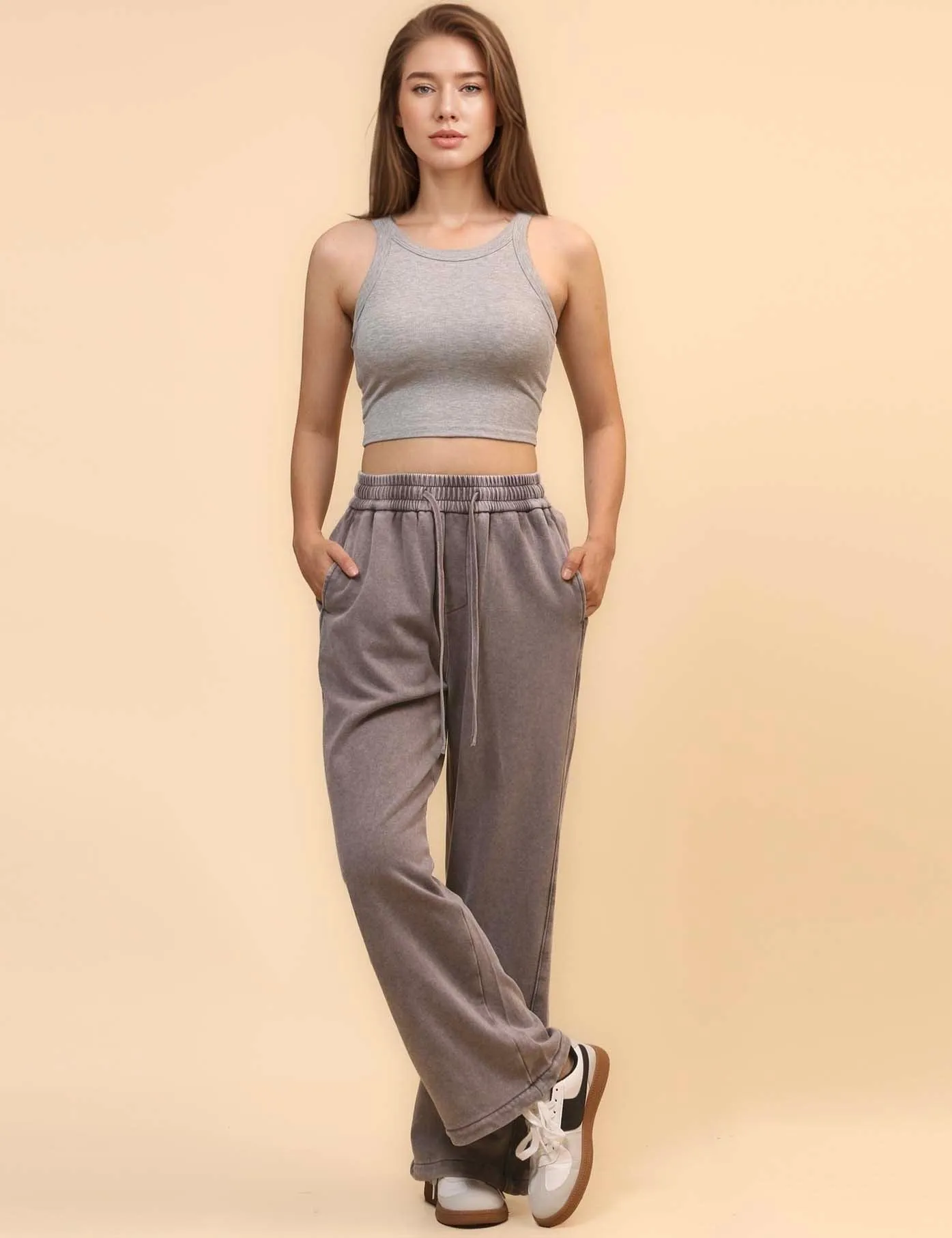 Ladies Slouchy Washed Waist Wide Leg Sweatpants SKP4699