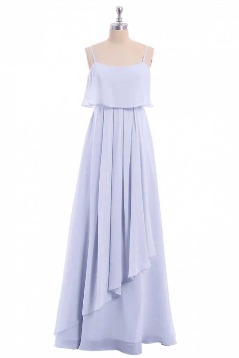 Lavender Chiffon Spaghetti Straps Ruffled A-Line Long Dress