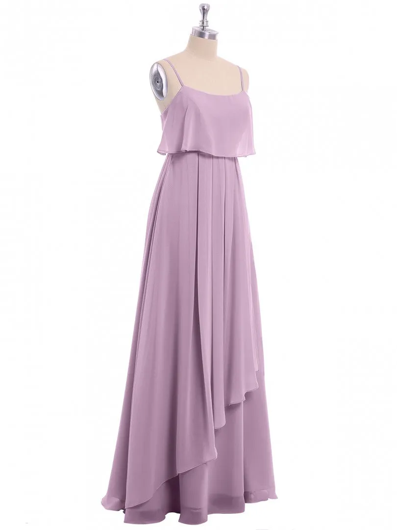 Lavender Chiffon Spaghetti Straps Ruffled A-Line Long Dress