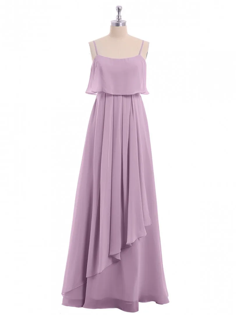 Lavender Chiffon Spaghetti Straps Ruffled A-Line Long Dress