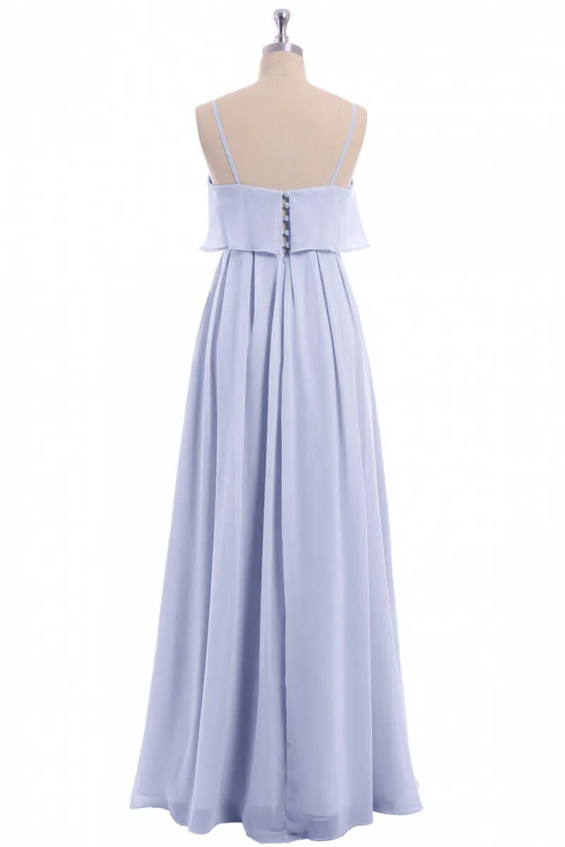 Lavender Chiffon Spaghetti Straps Ruffled A-Line Long Dress