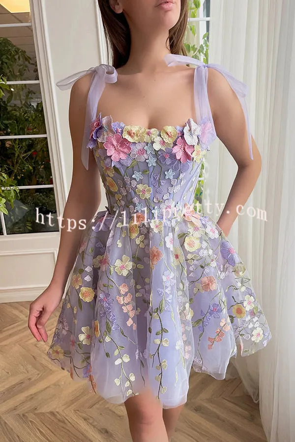 Lavender Floral Lace Up High Waisted Back Zip Mini Dress