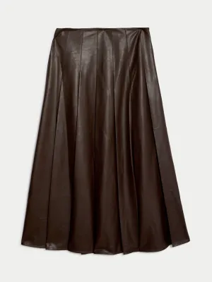 Leather-look pleated midaxi a-line skirt