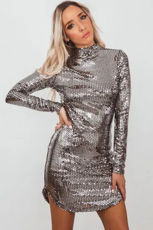 Liquid Metal Sequin Mini Dress - Silver