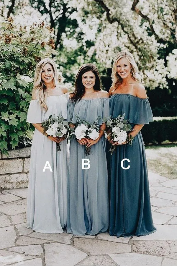 Long Chiffon Off The Shoulder Slate Gray Bridesmaid Dresses  BD077