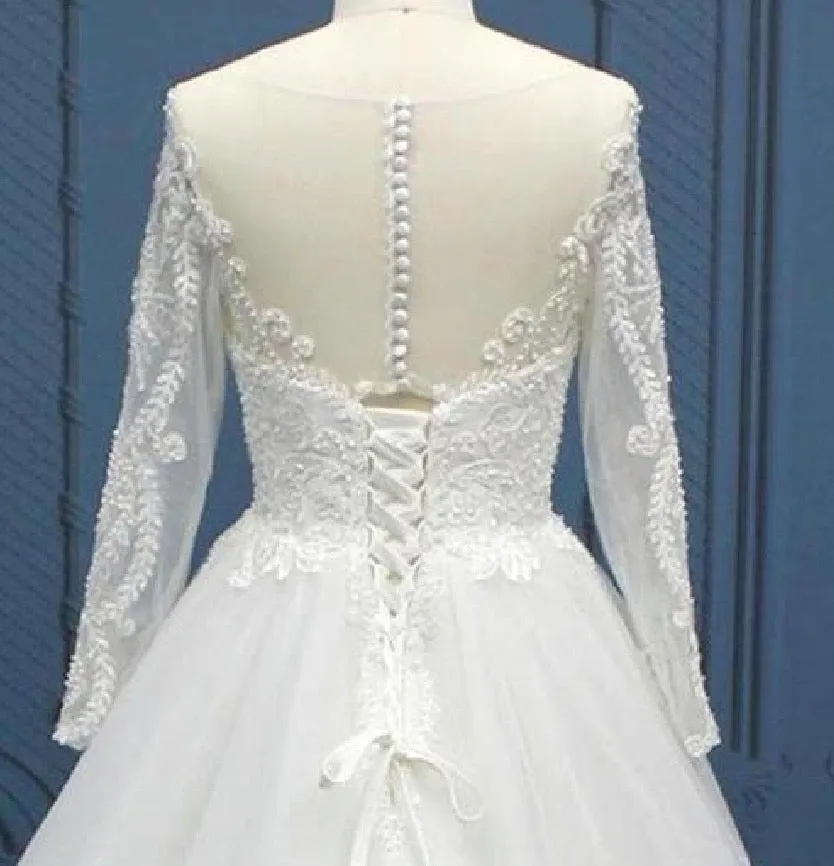 Long Sleeve Illusion Lace Tulle Pearl Bead A Line Wedding Dress