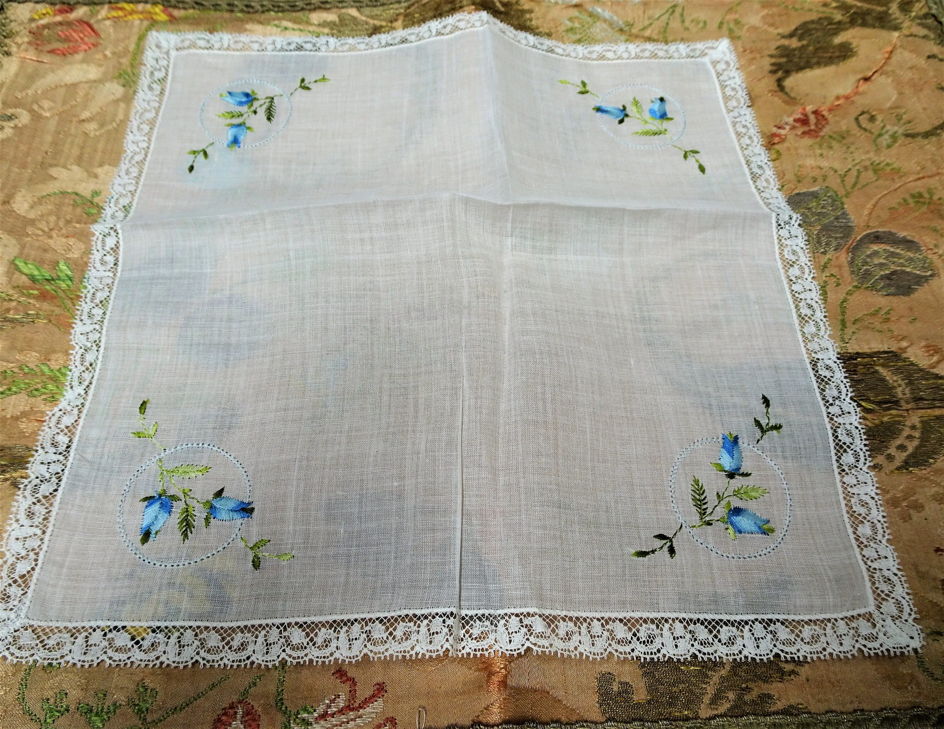 LOVELY Vintage BRIDAL Hanky,Wedding Handkerchief French Lace Hankie,Embroidered BLUE Roses, Bridal Hankies, Collectible Vintage Hankies