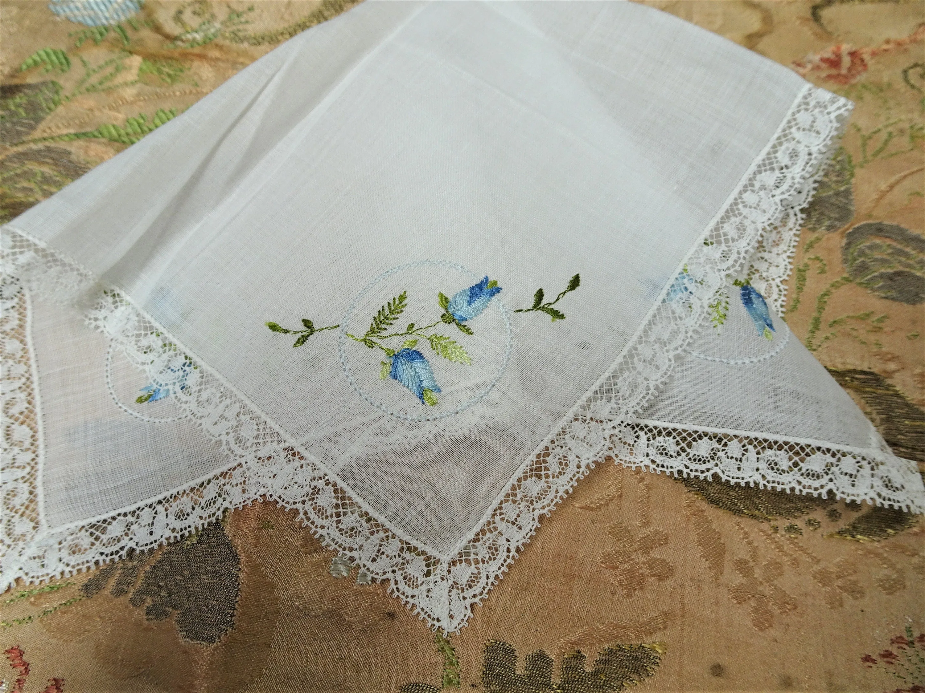 LOVELY Vintage BRIDAL Hanky,Wedding Handkerchief French Lace Hankie,Embroidered BLUE Roses, Bridal Hankies, Collectible Vintage Hankies