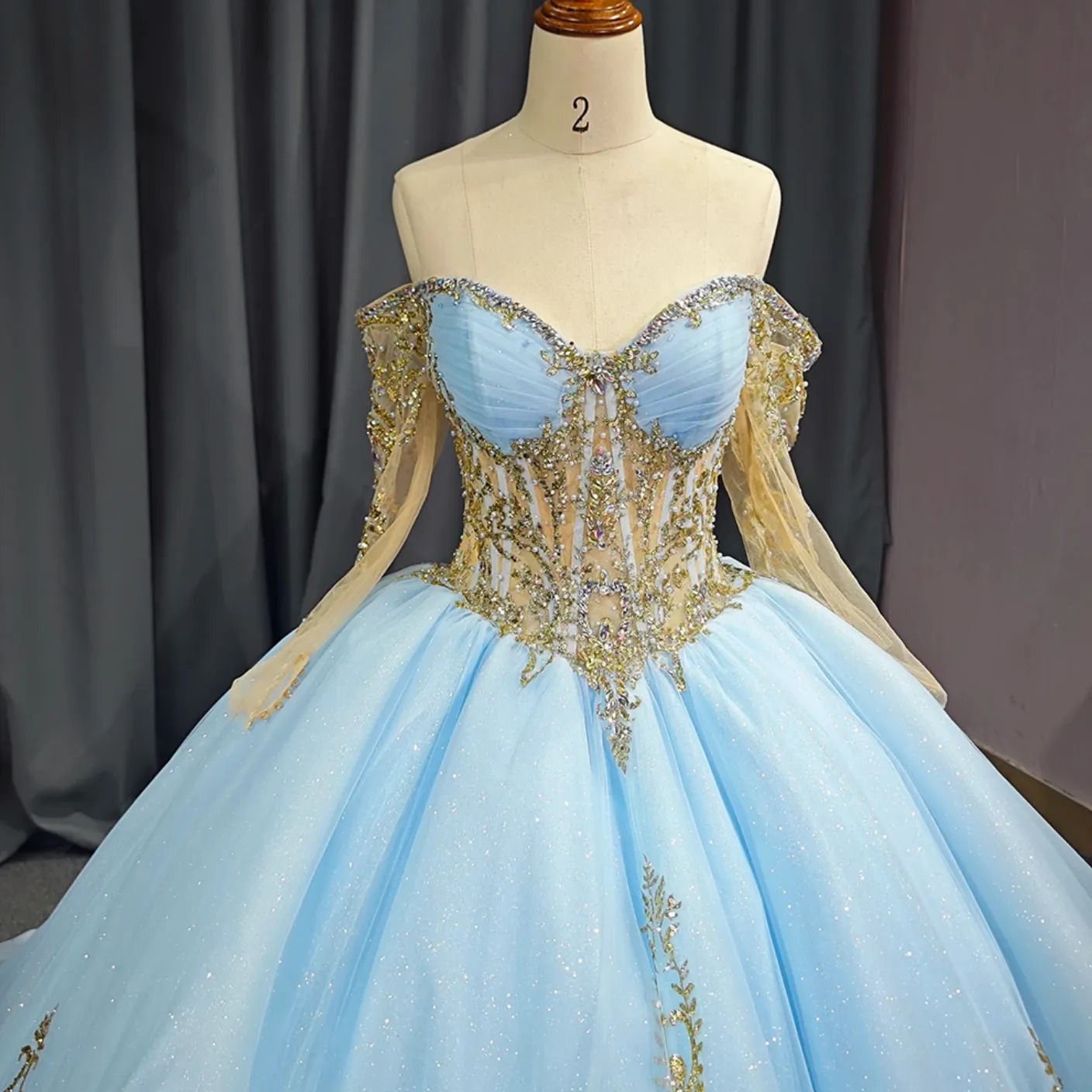 Luxury Blue Shiny Ball Gown Quinceanera Dress Beading Organza