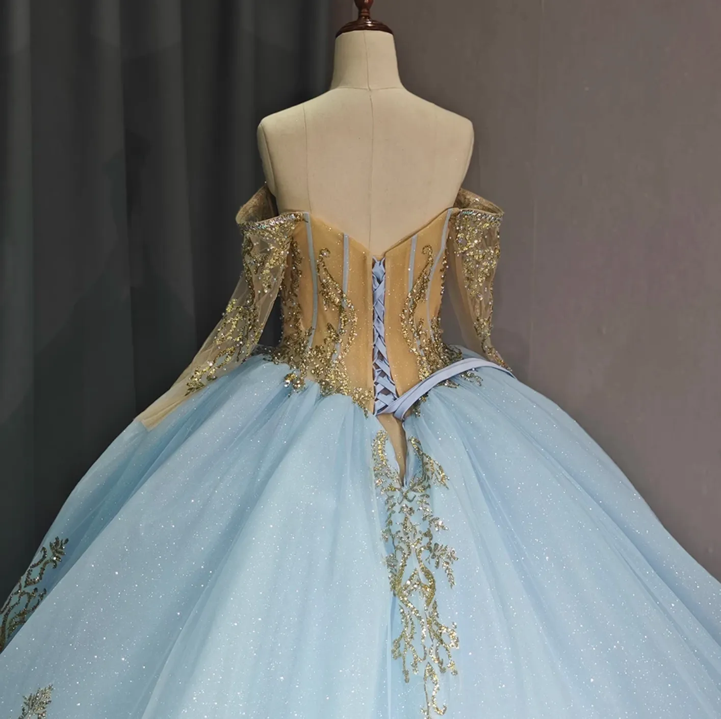 Luxury Blue Shiny Ball Gown Quinceanera Dress Beading Organza