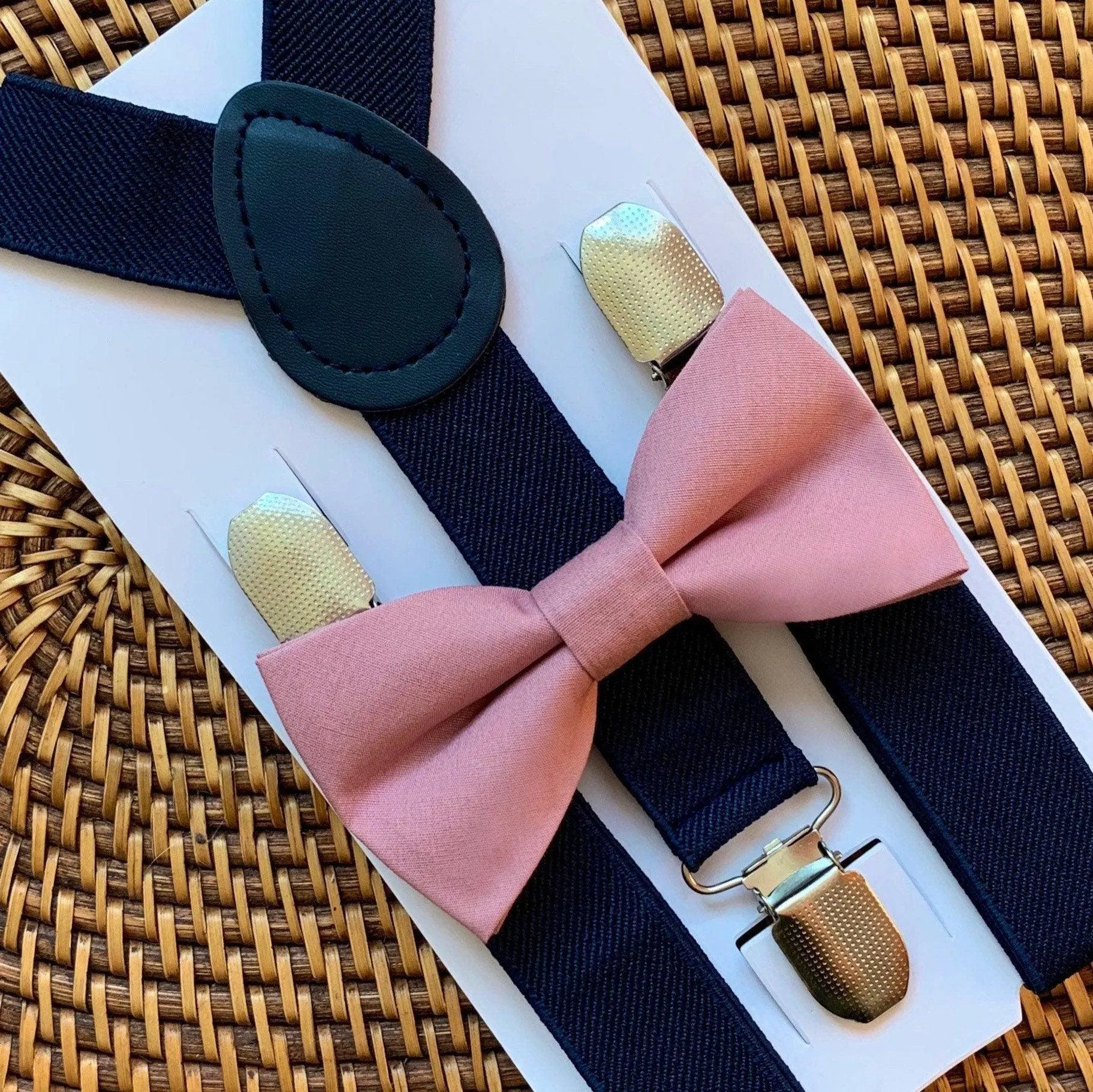 Mauve Bow Tie & Navy Suspenders Set