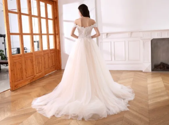 Mini Pearl A Line Off Shoulder Sleeve Bridal Wedding Gown