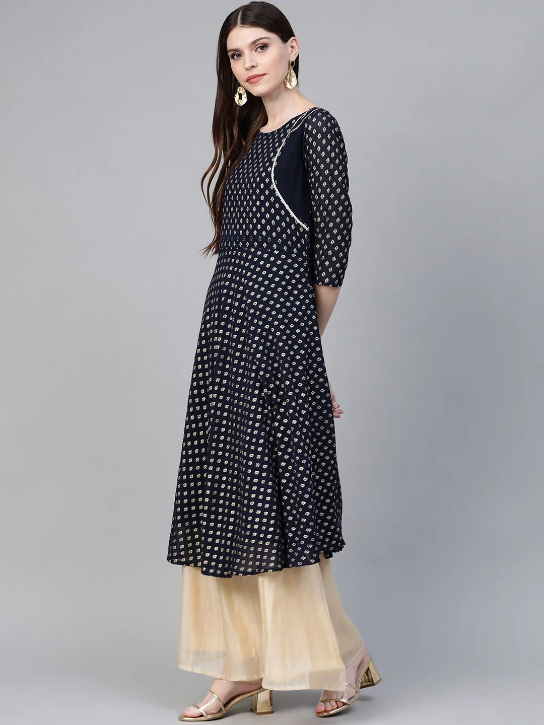 Navy-Blue Gold Foil Printed Straight Kurta