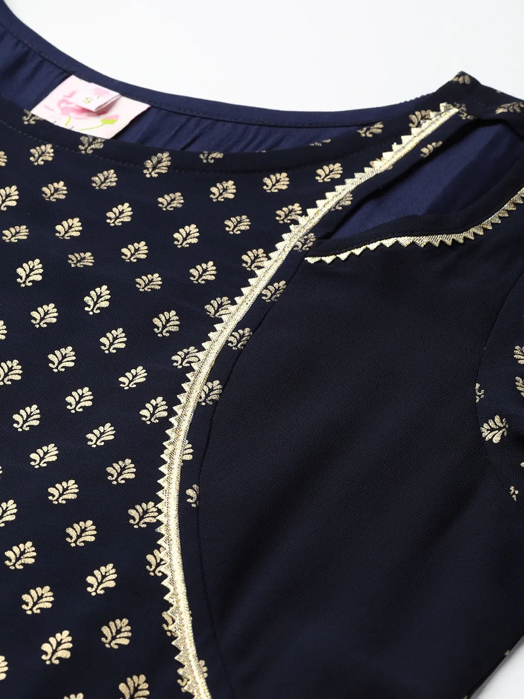 Navy-Blue Gold Foil Printed Straight Kurta