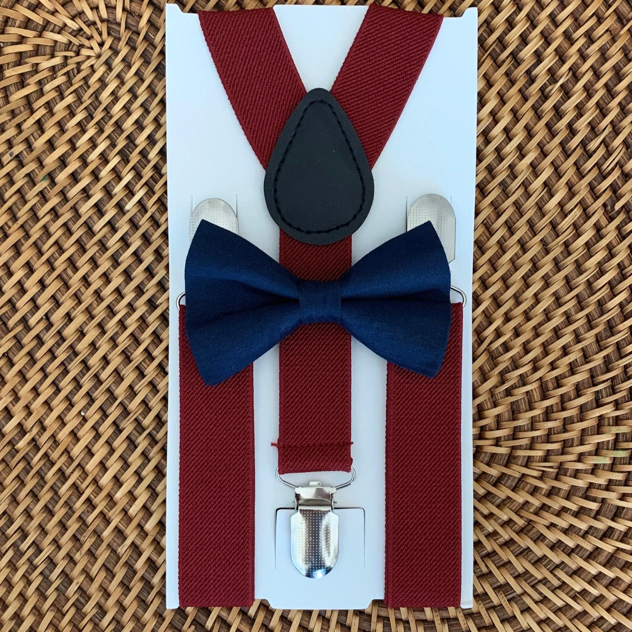 Navy Bow Tie & Burgundy Suspenders Set