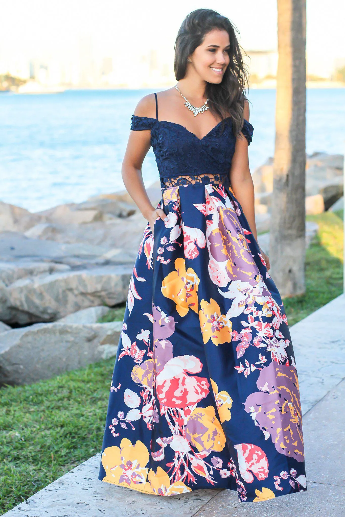 Navy Floral Crochet Top Maxi Dress