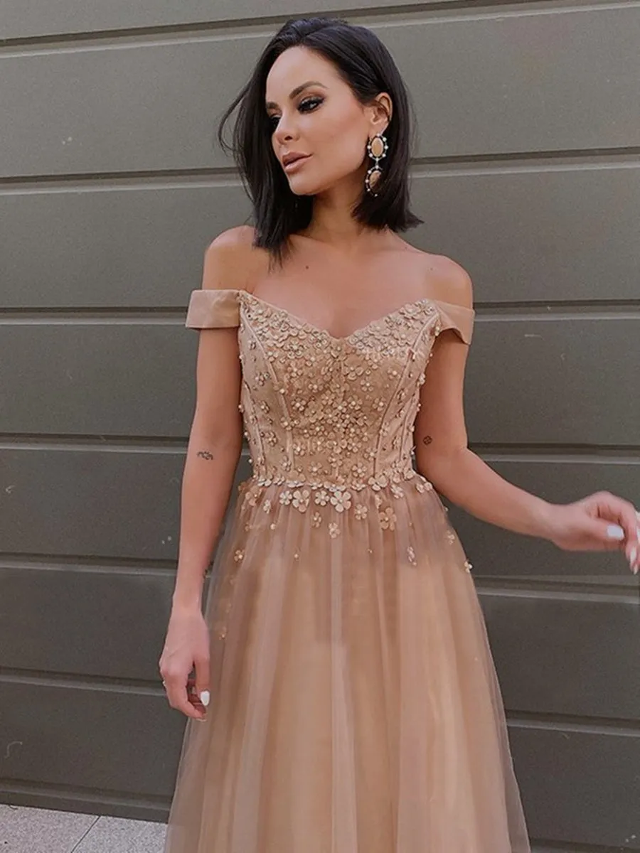 Off Shoulder Long Champagne Tulle Lace Prom, Off the Shoulder Champagne Formal, Champagne Lace Evening