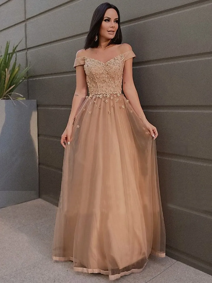 Off Shoulder Long Champagne Tulle Lace Prom, Off the Shoulder Champagne Formal, Champagne Lace Evening