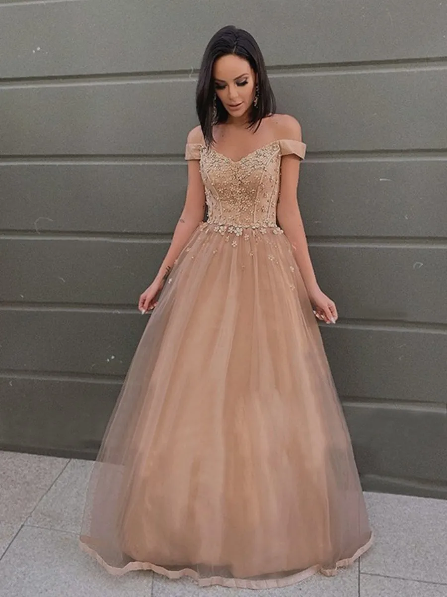 Off Shoulder Long Champagne Tulle Lace Prom, Off the Shoulder Champagne Formal, Champagne Lace Evening