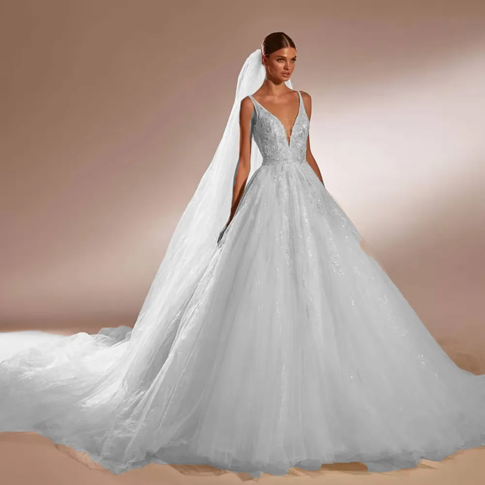 Off the Shoulder Aline Tulle Beaded Wedding Dress with V Neck Luxury Bridal Gown