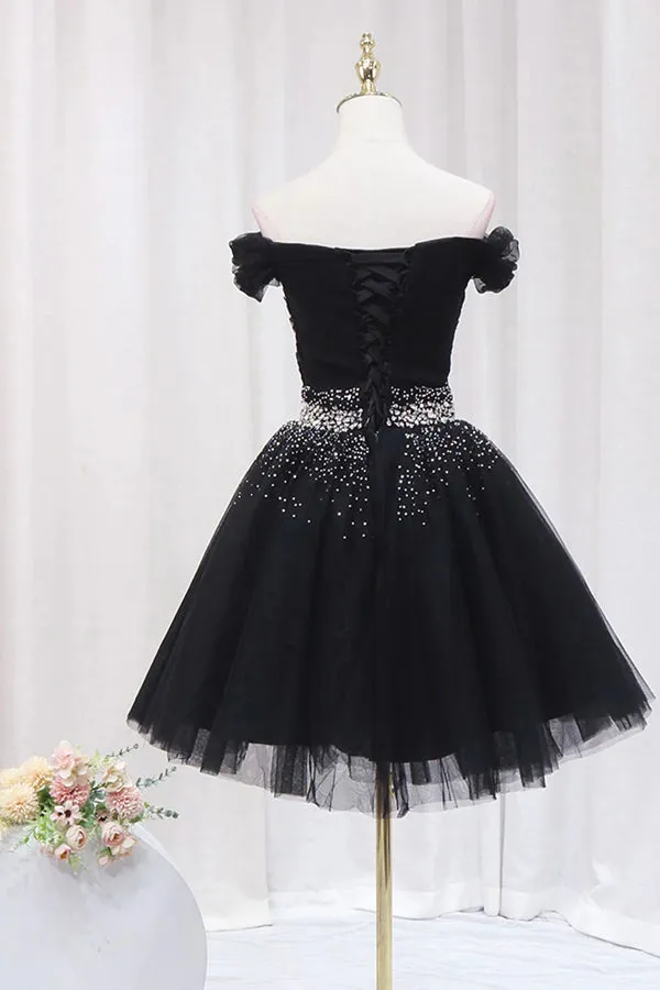 Off The Shoulder Black Homecoming Dress Tulle Short Prom Dress  PD468