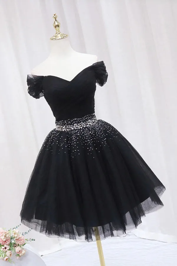 Off The Shoulder Black Homecoming Dress Tulle Short Prom Dress  PD468